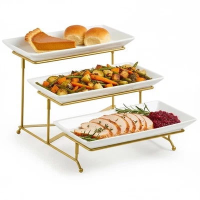 3 Tier Serving Stand Porcelain Serving Platter Tier Serving Trays with Collap... - Image 1 of 4