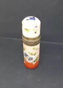 Antique Porcelain Scent Bottle Peach Red Ombre Painted Enamel Aster & Bluebird - Picture 1 of 8