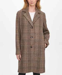 DKNY V5309 Woman's Brown Plaid Walker Coat Size Small - Picture 1 of 3