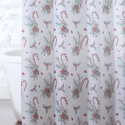 Cortina de ducha de tela navideña 72x72 bastón de caramelo acebo Navidad Foto 1 de 3