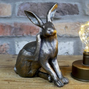 Hare Ornament Figure Scratching Sculptured Bronze Finish 19cm Home Garden Decor - Picture 1 of 9