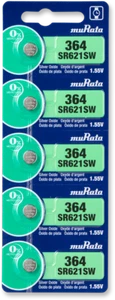 Murata 364 (SR621SW) Silver Oxide Watch Battery (5 Count) - Replaces Sony 364 - Picture 1 of 8