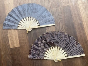 2 Gray Fans Hand Bamboo Cloth Handmade Indonesia New Avenico Abenico #628N - Picture 1 of 20