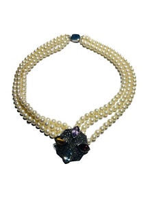 Vintage Judith Jack Sterling Marcasite Purple Blue Red Crystal Pearl Necklace