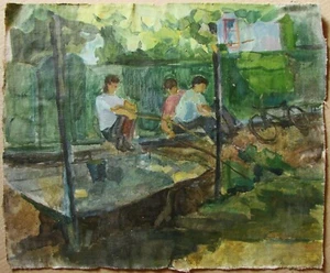 Ukrainian Soviet Oil Painting postimpressionism children park fishing bicycle - Picture 1 of 4