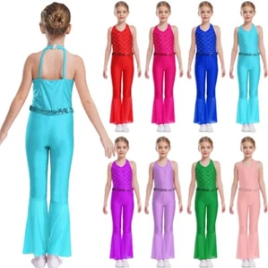 Kids Girls Jumpsuit Bell-Bottom Rompers Show Leotard Full Body Bodysuit Stage - Picture 1 of 65