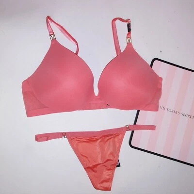 Conjunto de sutiã Victoria Secret 32D XS calcinha tanga elevação mergulho push up laranja corda V - Imagem 1 de 4