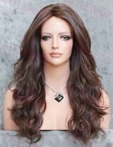 Medium Brown/Auburn Long Loose Wavy Curls Heat OK Human Hair Blend Wig EVAM 6/30 - Picture 1 of 6
