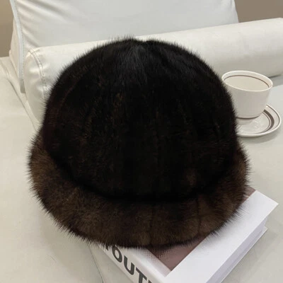 Sombrero de piel de visón real para mujer cálido sombrero de cubo sombrero de copa invierno al aire libre gorra de esquí orejeras Foto 1 de 4