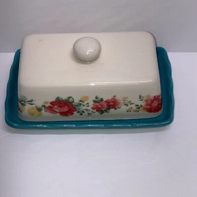 Pioneer женщина покрытый масло блюдо 2PC набор лоток и крышка цветочный / бирюзовый - Изображение 1 из 4