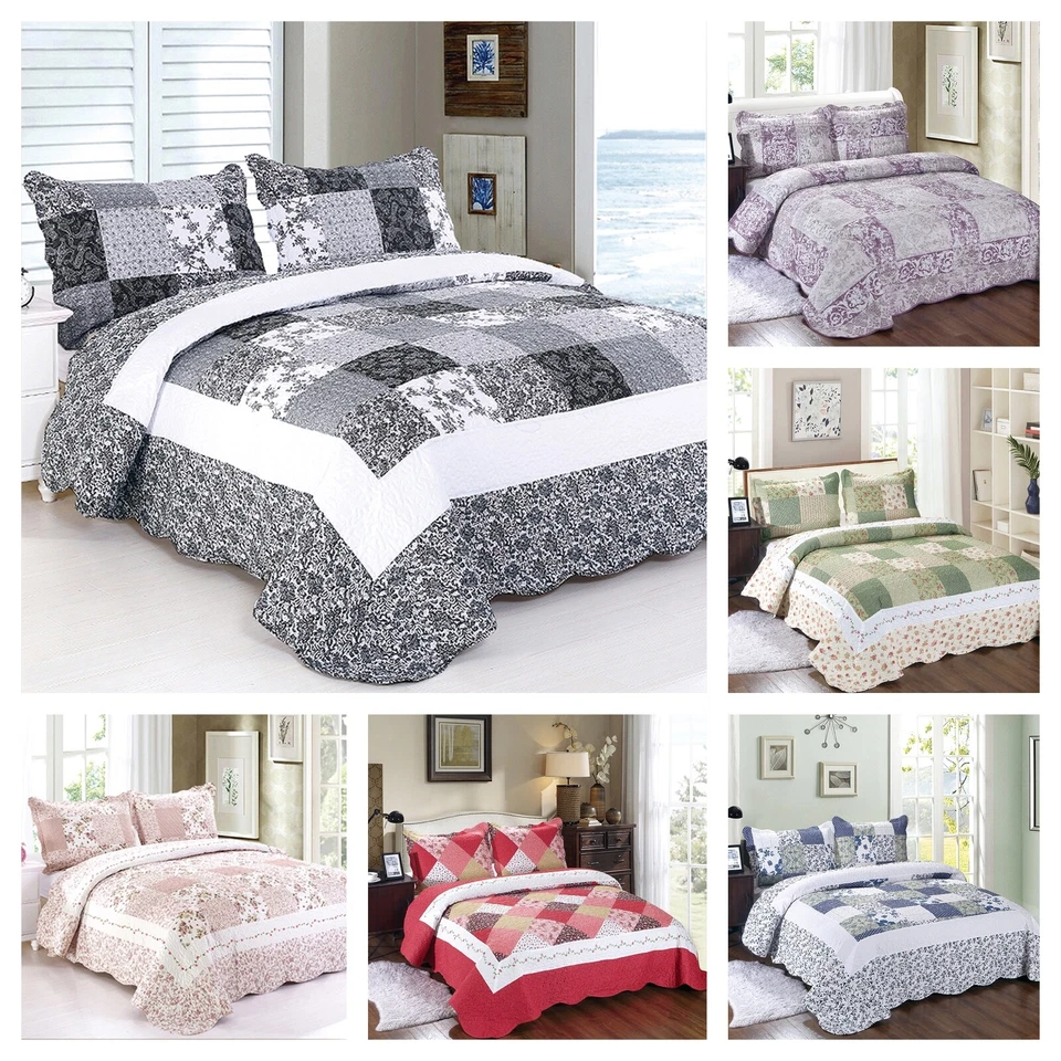 3 Piece Quilted Bedspread Set Embossed Patchwork Pillowshams Single/Double/King - Image 1 of 1