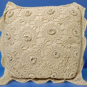 Vintage Style Crochet Throw Pillow 13"×13" Beige Decorative Grannycore - Picture 1 of 8