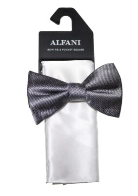 Alfani Men's Pre Tied Geo Bow Tie & Solid Pocket Square Set Gray/White New - Image 1 of 4