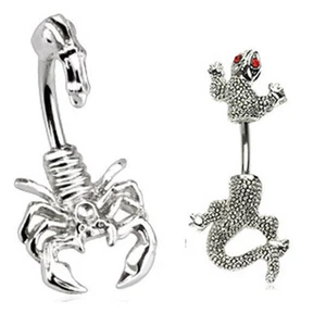 2 Belly Button Rings Scorpion Lizard Chameleon Dragon Steel Navel 14g gauge red - Picture 1 of 1