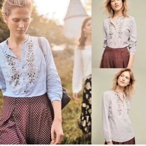 Neu Anthropologie verziert Spitzeneinsatz Nadelstreifen Bluse Top Floreat 14 Large - Bild 1 von 3