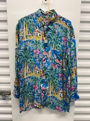 Camisa de Seda Robert Stock Tropical Hawaiian Village Talla M Hecha China Hibisco Foto 1 de 4