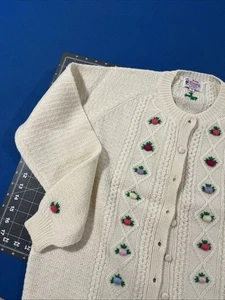 Maglione cardigan lana vintage Lady Clansman donna M bianco sporco maglia floreale cavo - Foto 1 di 11