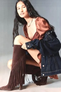 Anthropologie Dolce Vita Giano Suede Fringe Tall Boots Mahogany Brown 7 NEW - Picture 1 of 9