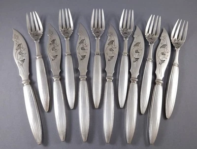 Cardeilhac 6 couverts à poisson argent massif Art Nouveau fourchettes couteaux - Photo 1/4