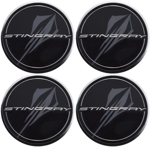 Genuine Chevrolet Corvette C8 Wheel Centre Caps - Black w/ Grey Stingray Logo x4 - Picture 1 of 3