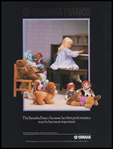 Yamaha pianos print ad 1987 pretty child at piano, plush toys Raggedy Ann doll