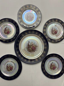 MTK TOHKI Set Of 6 Plates Courting Couple Cobalt Blue Rim / Gold Rim (never used - Picture 1 of 10