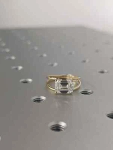 East To West Solitaire Sterling Silver Double Band Moissanite Emerald Cut Ring - Picture 1 of 9