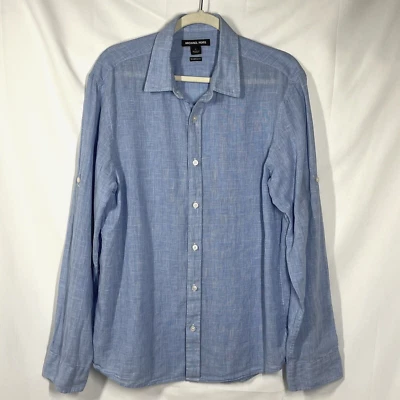 Camisa MICHAEL KORS Texturizada Crosshatch Mezcla de Lino Abotonada L Azul Ajuste A Medida Foto 1 de 4