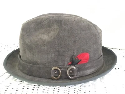 VTG HUSH PUPPIES MENS FEDORA RAT PACK BRUSHED PIGSKIN LEATHER GRAY 7-1/8 USA VG+ - Image 1 of 4