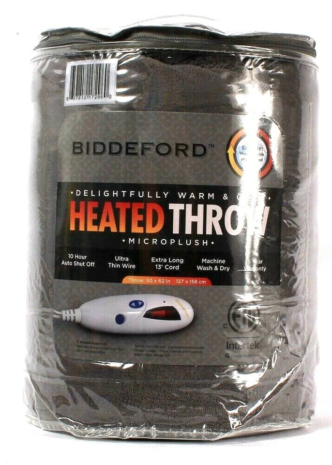 Biddeford Heated Throw Microplush Gray 50 X 62 In 10 Hr Auto Shut Off Long Cord - Image 1 of 1