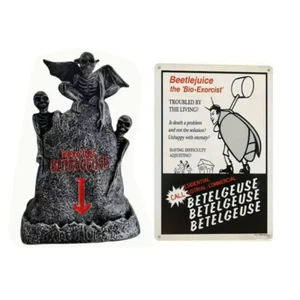 Beetlejuice Resin 7" Tombstone Figure Ornament + Metal 12" Retro Poster Bundle - Picture 1 of 10