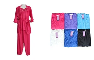 3 tlg SCHLAFANZUG PYJAMA HAUSANZUG HOSE-JACKE-TOP-LANGARM ONESIZE BUNTE FARBEN - Bild 1 von 13