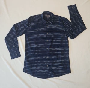 IKE BEHAR Button Up Shirt Men's Small Dark Blue Stripe Long Sleeve Work Utility - Picture 1 of 11