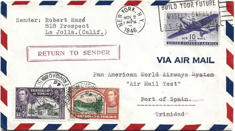 USA Trinidad Round Trip Return to Sender Pan American 1946 Airmail Test Flight Cover