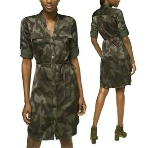 White House Black Market NWT Camo Satin Shirt Belted Dress Size S - Picture 1 of 8