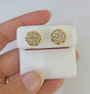 10k Diamond Flower Earrings Yellow gold Real screw-back Women Men Studs - Picture 1 of 7