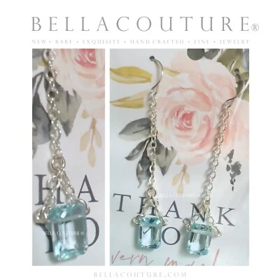 RARO NUEVO TOPACIO AZUL NATURAL 14K ORO BLANCO PENDIENTES COLGANTES DE COLECCIÓN CORTE ESMERALDA Foto 1 de 4