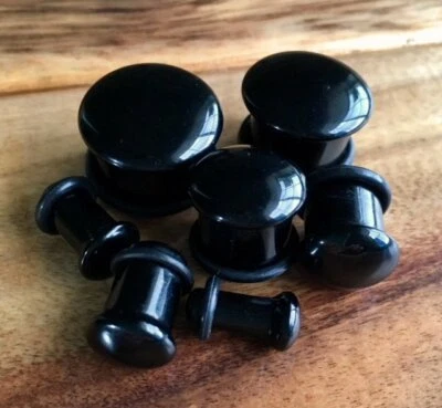 PAIR Single Flare Black Onyx Stone Plugs Gauges Guages Earlets Body Jewelry - Image 1 of 3