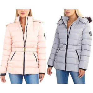 LADIES PADDED JACKET ELASTICATED BELT SLEEVE BADGE HOOD WITH FIXED FAUX FUR TRIM - Picture 1 of 5