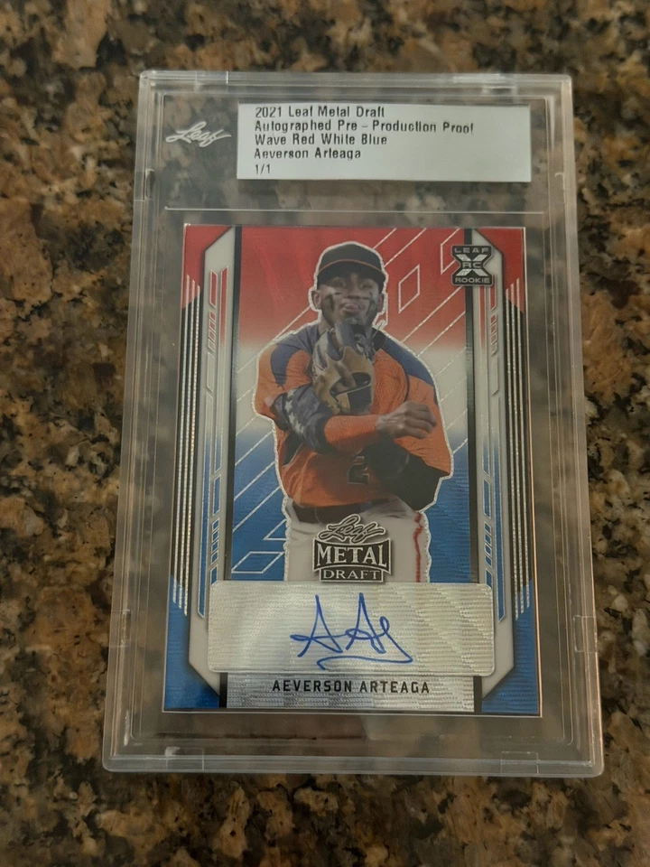 2021 leaf metal draft baseball auto aeverson arteaga wave red white and blue 1/1 - Image 1 of 1