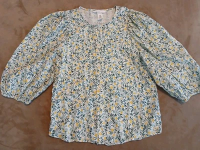 Blusa H&M Mezcla de Lino Abotonada con Mangas Abullonadas Talla XS Amarillo Estampado Floral Usada en Excelente Condición Foto 1 de 4