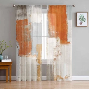 Orange Brown Gray Beige Sheer Curtains 96 Inch Length 2 Panels Set, Abstract ... - Picture 1 of 7
