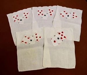 lot of 5 vintage cloth napkins, w/playing card hand embroidery, each 7"x 5" - Picture 1 of 5