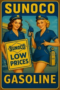 Sunoco Gasoline Pinup Vintage Style Metal Sign Advertising - Picture 1 of 1