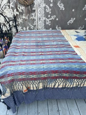 Antique Overshot Woven Coverlet Orange Peel Variation With Fringes - Image 1 of 4