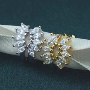 Pair of Marquise CZ Huggie Hoop Earring in S925 Sterling Silver or Plated Gold - Picture 1 of 10