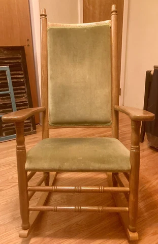 1960s Vintage Light Brown Rocking Chair With Apple Green Velvet Cushions Cover