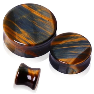 Pair of Natural Blue Tiger Eye Saddle Plug Double Flare Ear Lobe Plugs - Picture 1 of 4