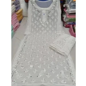 White Chikankari Kurti Hand Embroidered Women Long Mirror work Kurta For Women, - Picture 1 of 5