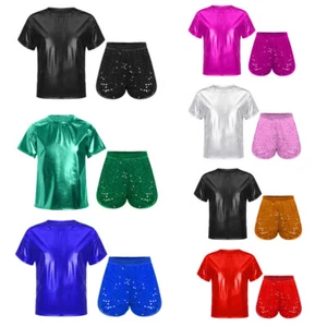 Kids Sportswear Round Neck Qutfit Sequins Sets Metallic Activewear Sparkling - Picture 1 of 77